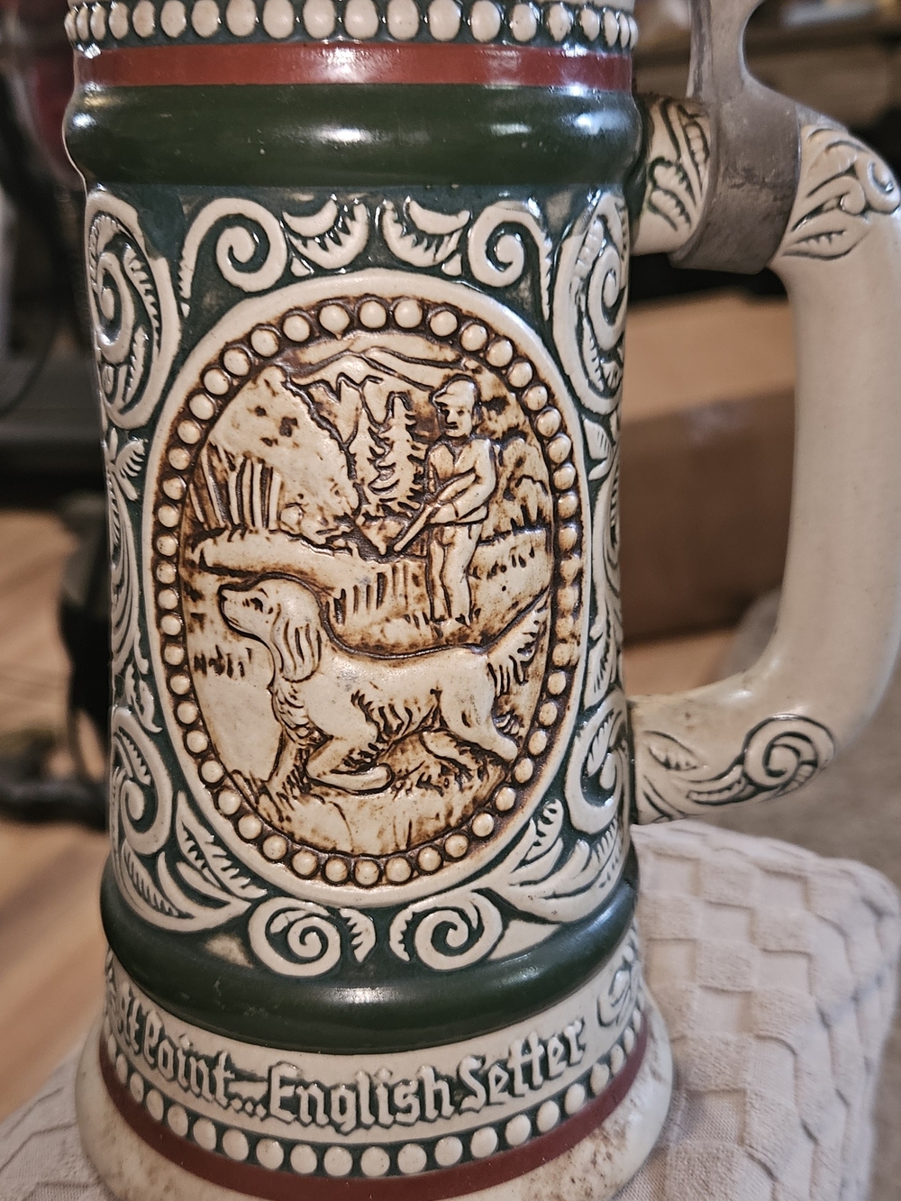 Avon Ceramic Stein with Green, Cream and Brown Accents